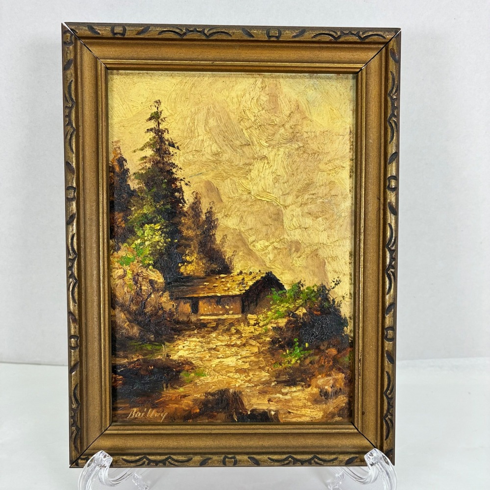 Vintage Bailey Signed Oil Painting Cabin Mountain Landscape Original Gold Frame